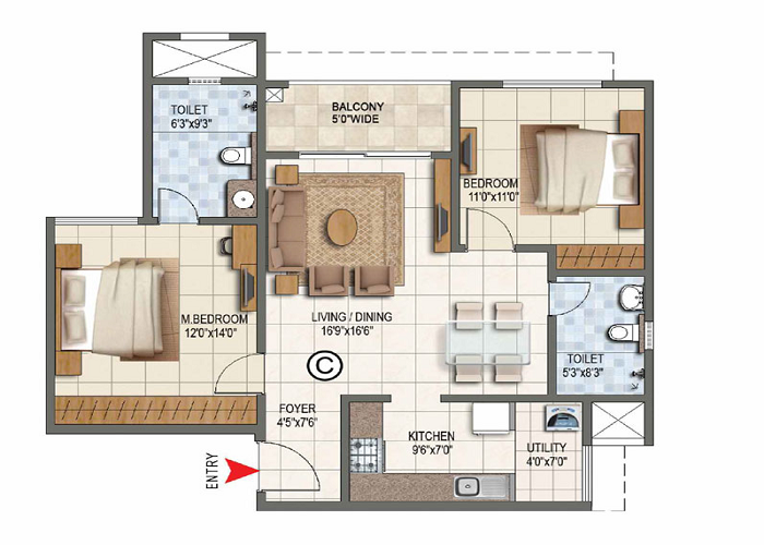 Brigade Granada 2 BHK Floor Plan 1200 to 1400 sq ft Layout