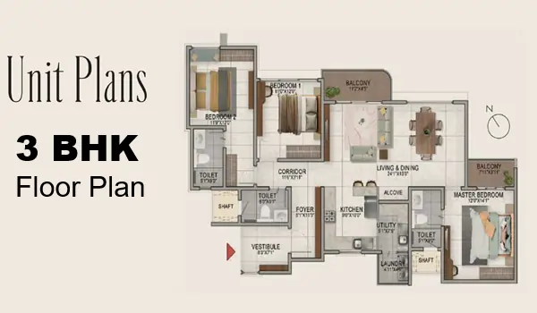 Brigade Granada 3 BHK Floor Plan 1600 to 1950 sq ft Layout