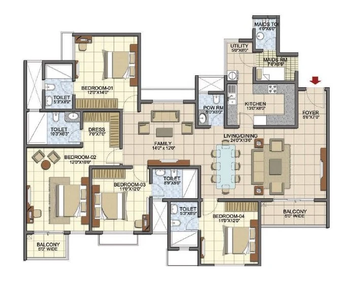 Brigade Granada 4 BHK Floor Plan 2200 to 2800 sq ft Layout